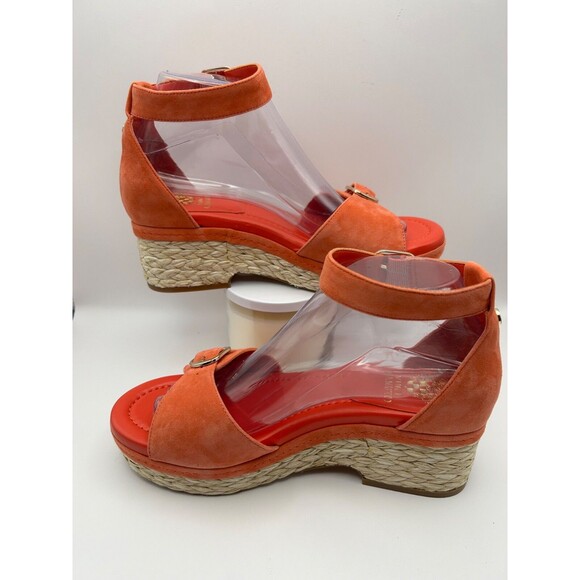 Vince Camuto Meterry Sandals Women's 8M Orange Peach Pop Raffia Wedge NEW - Picture 2 of 6